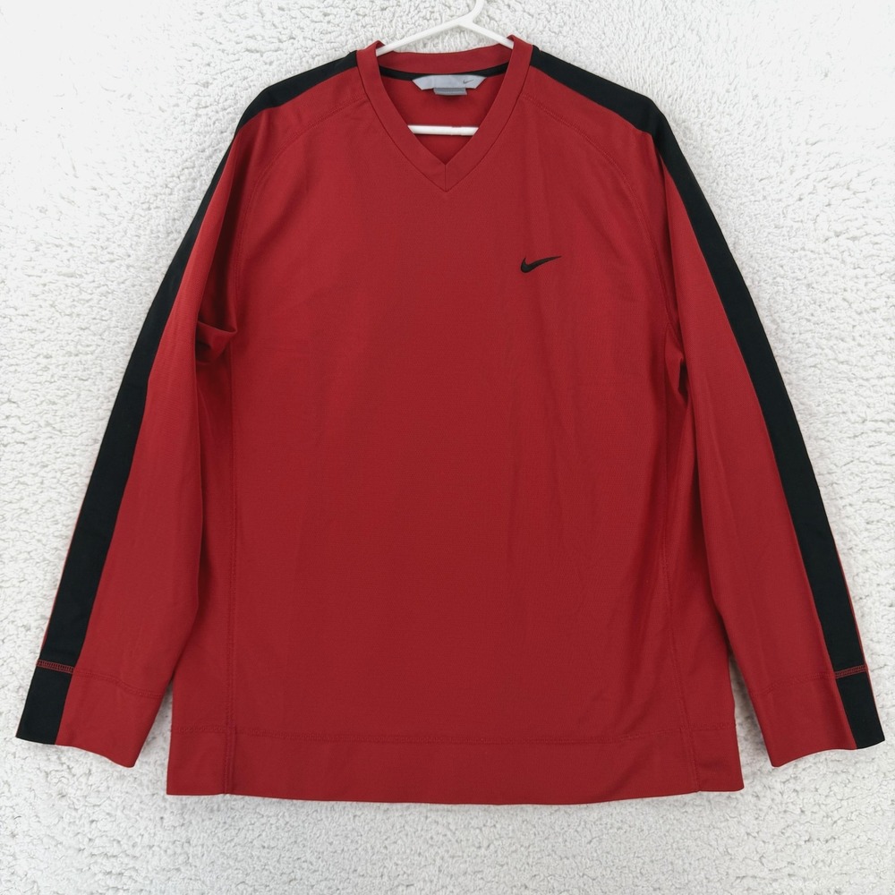 Nike Shirt Mens XL Red Long Sleeve V-Neck Mesh Raglan Athletic Training Dri Fit